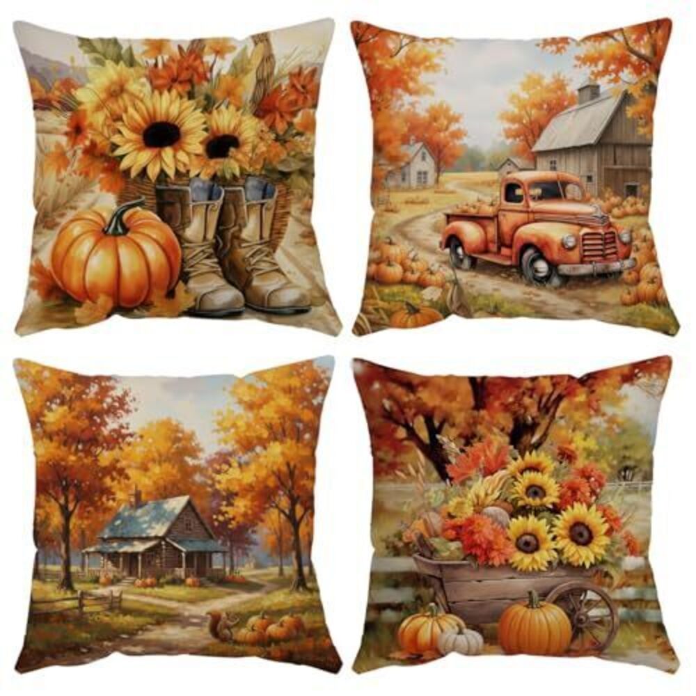 9821 Set of 4 Fall Pillow Covers 22x22 Farmhouse Thanksgiving Pumpkins